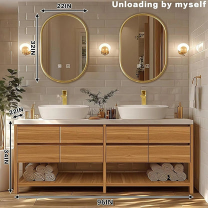 60” – 96” Natural Bathroom Vanity with Hidden Door Handle & Double Sinks