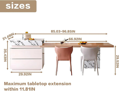 81” - 101” Elegant Log Kitchen Island Includes Black and White Patterned Surface (No Chair)