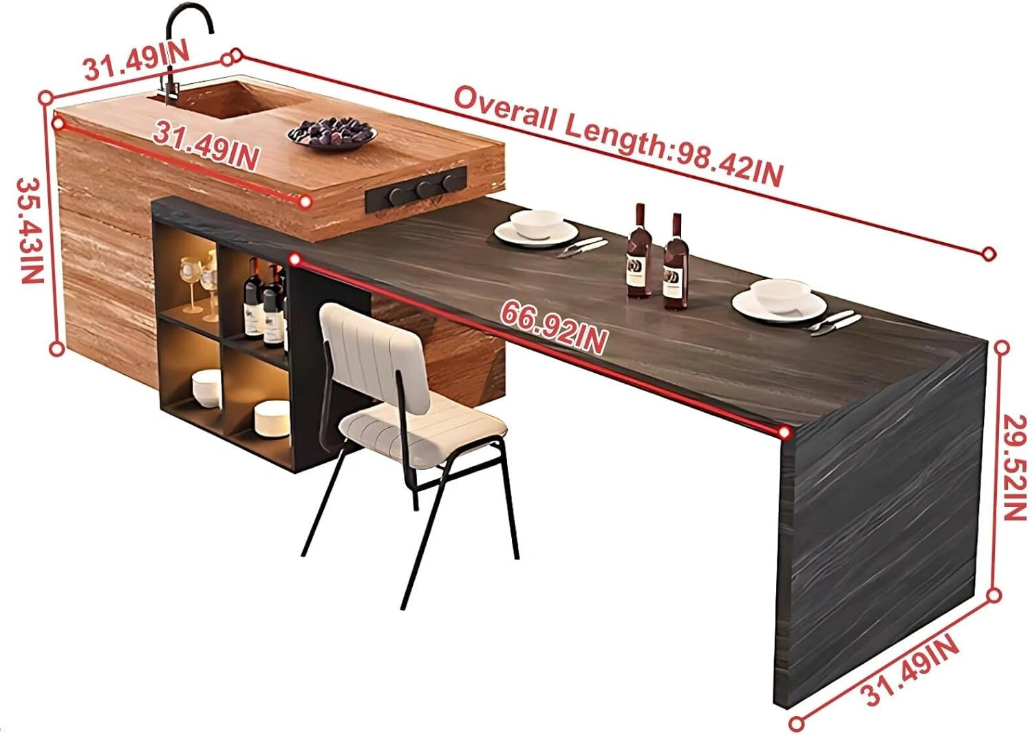87” - 98” Modern Minimalist Kitchen Island Includes Integrated Slate Sink