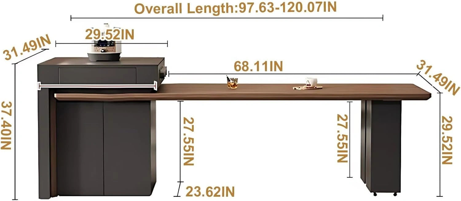 82” - 98” Modern Log Kitchen Island with Large Storage Space & Sliding Rail Socket