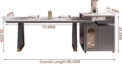 91” - 98” Grey Modern Kitchen Island Includes Trapezoidal Base & Glass Cabinet Door (No Chair)