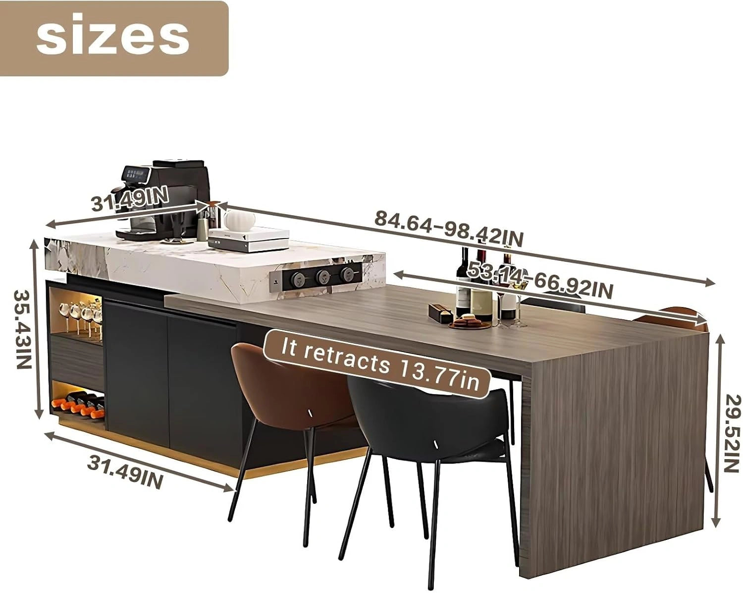 87” - 98” Kitchen Island with Atmosphere Light and Modern Design (No Chair)