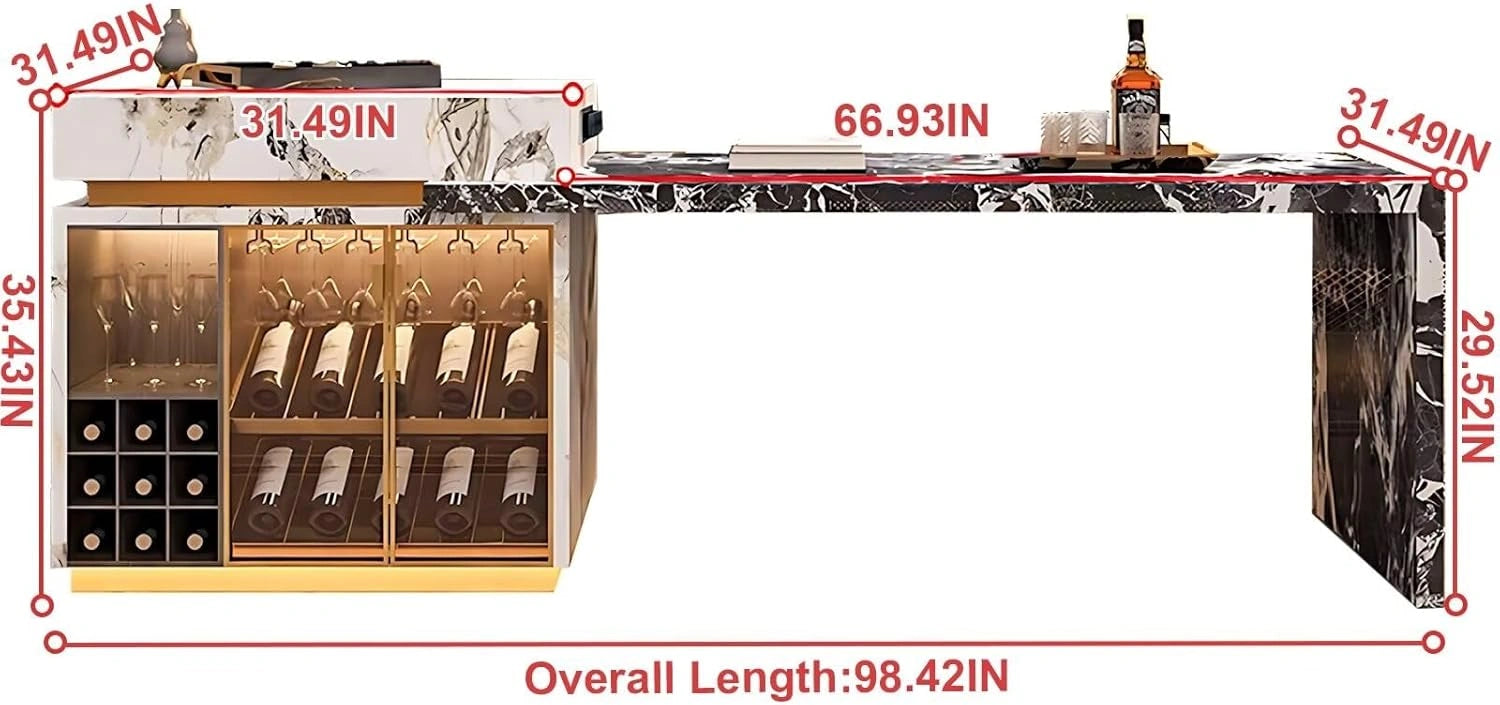 87” - 98” Unique Elegant Kitchen Island Includes Glass Cabinet & Open Lattice (No Chair)
