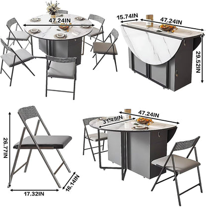 47” Grey Modern Kitchen Island Includes Foldable Desktop and 6 Chairs