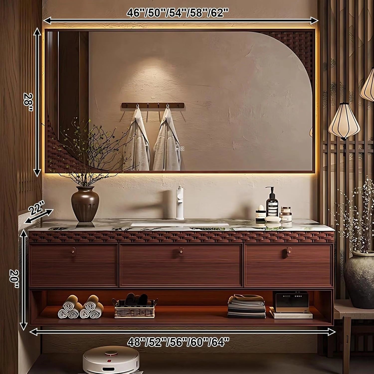 48” – 64” Floating Bathroom Vanity with Green Texture Countertop and Open Storage Shelf