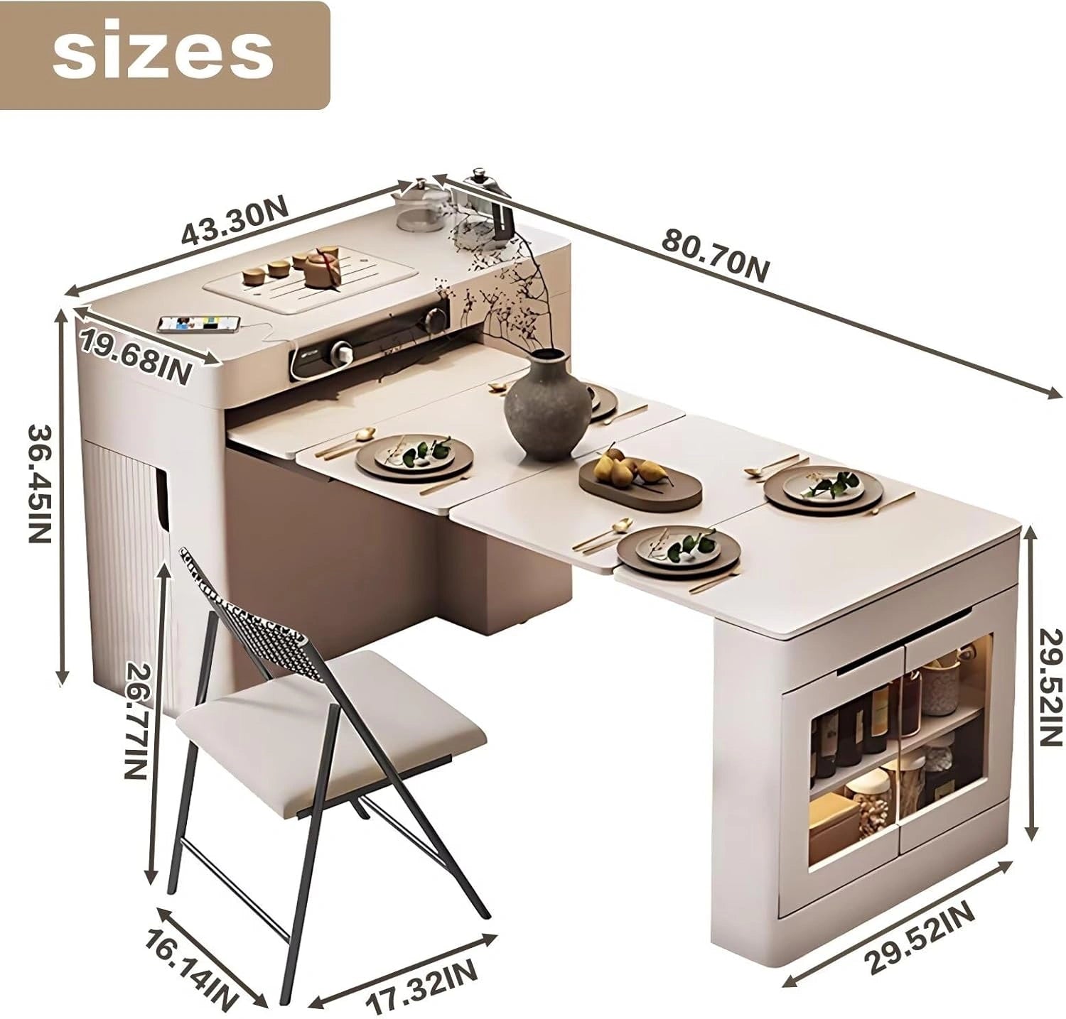 White Minimalist Kitchen Island with Foldable Cabinets & Visual Storage (6 Chairs)