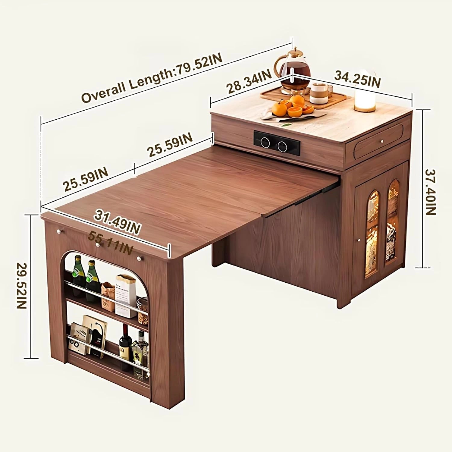80” Retro Luxury Kitchen Island with Side Opening Storage Shelves (No Chair)