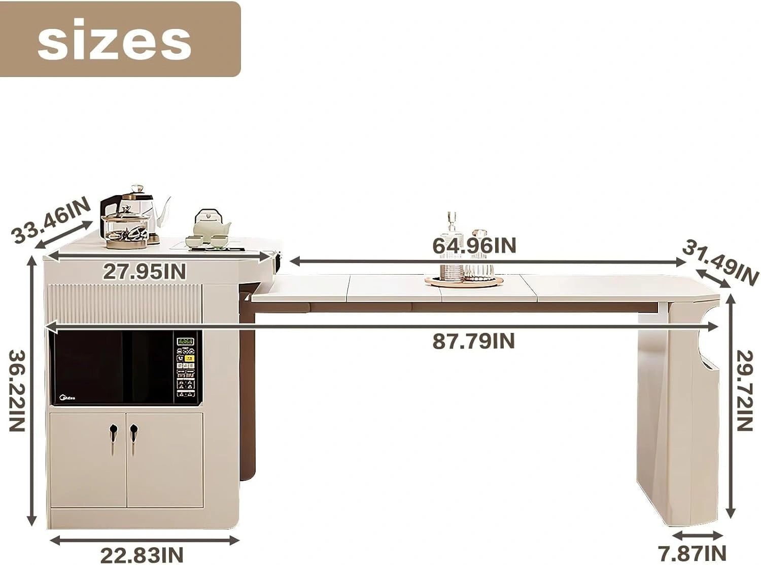 88” White Minimalist Kitchen Island Includes White Extendable Tabletop (No Chair)