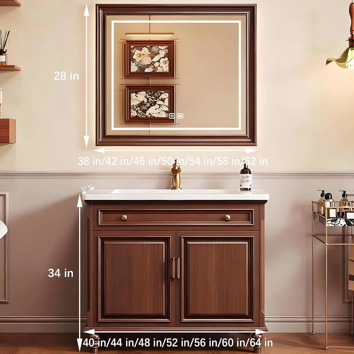 40” – 48” French Vintage Bathroom Vanities with Mirror Lighting Function