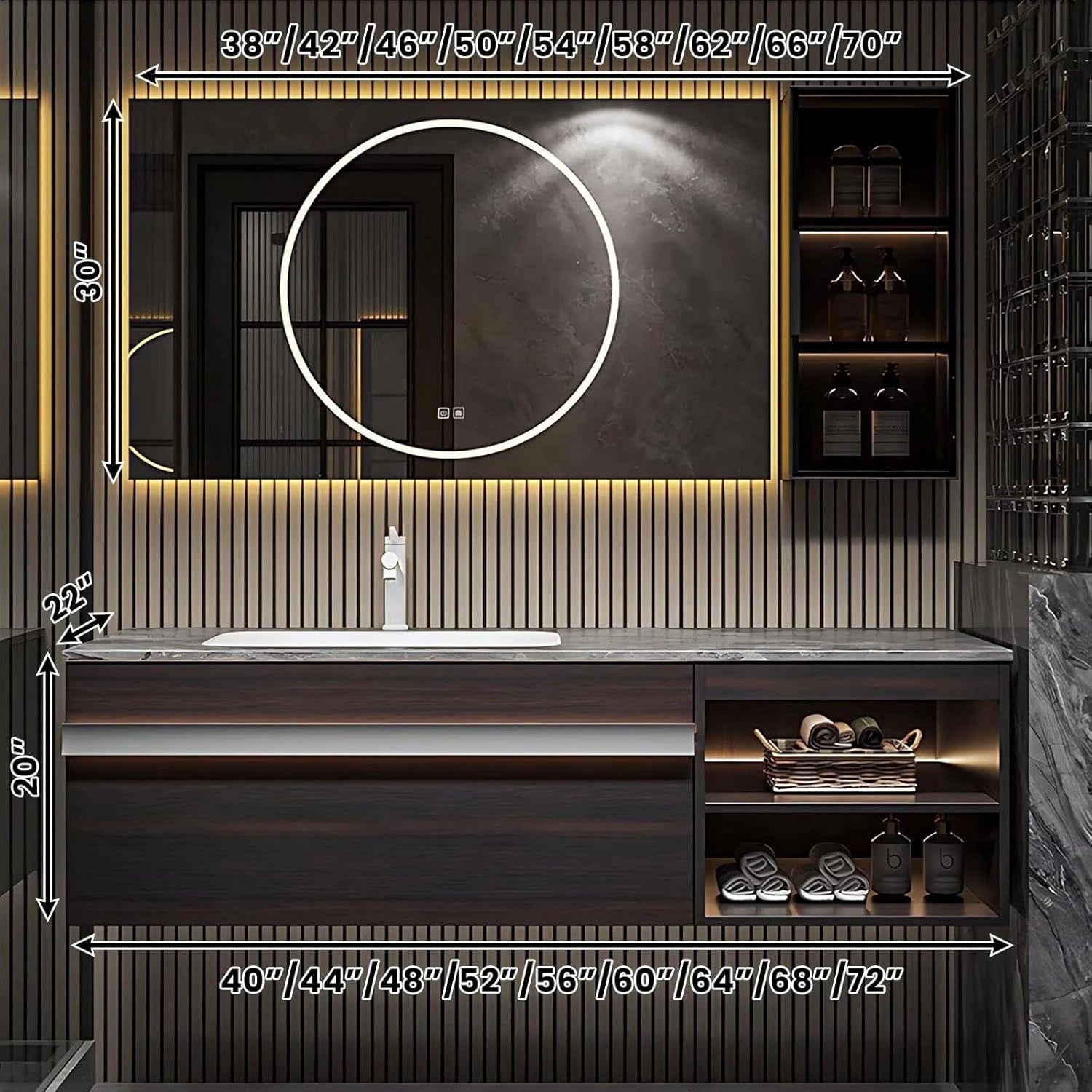 40” – 72” Light Luxury Bathroom Vanity with Sensor Light and Glass Door Side Cabinet