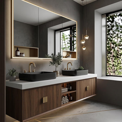 52‘’-110‘’ Floating Bathroom Vanity with Double Sinks Includes Walnut Wood Frame