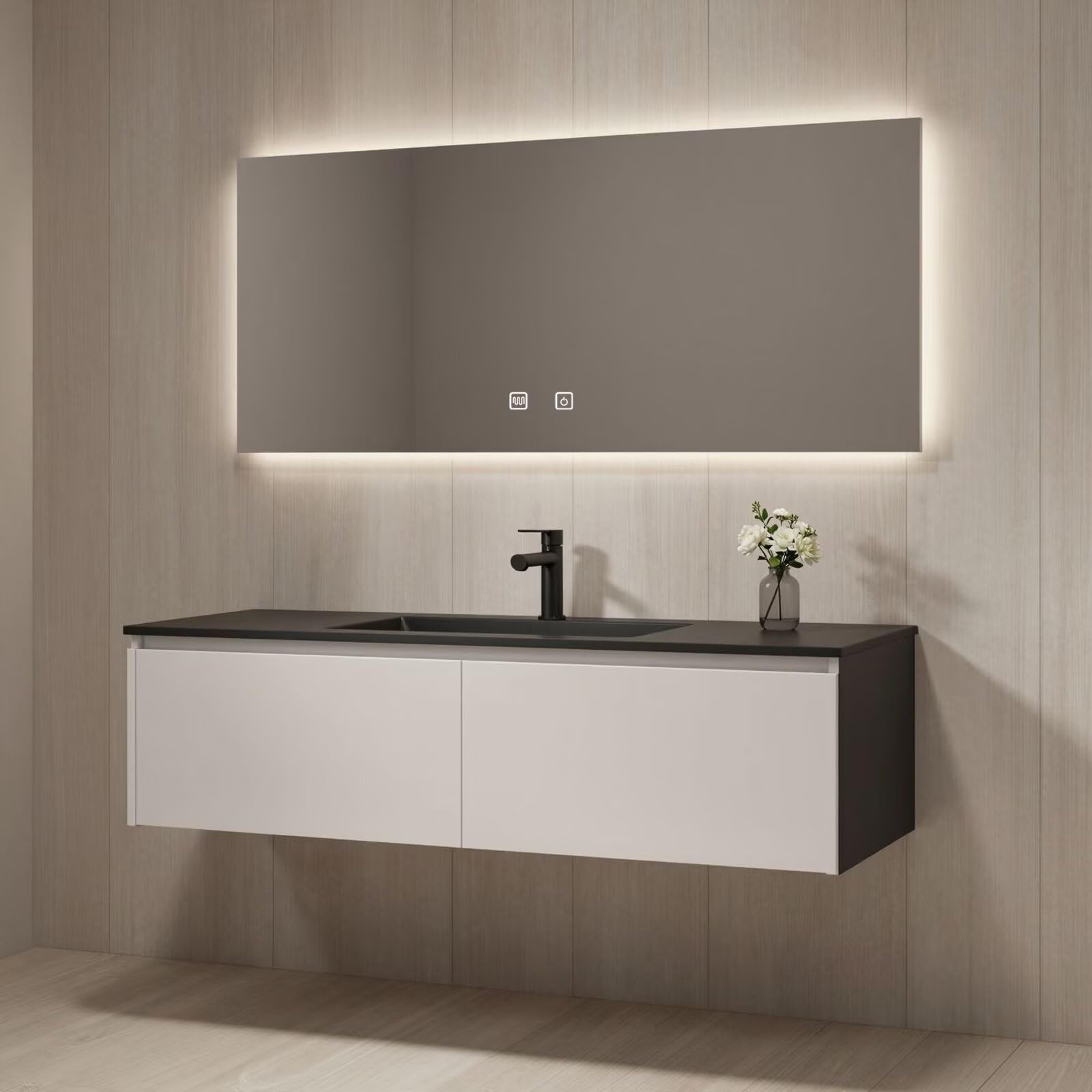 32"-64"Modern Wall-Mounted Bathroom Vanity with Integrated Sink & Large LED Smart Mirror