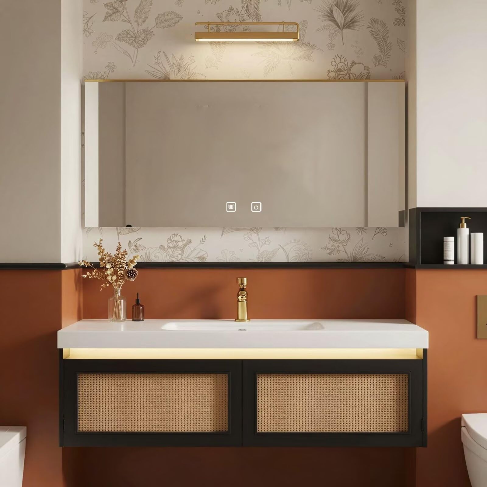 32"-64"Mid-Century Modern Bathroom Vanity with Woven Cane Front & Smart LED Mirror