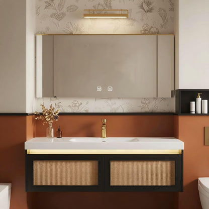 32"-64"Mid-Century Modern Bathroom Vanity with Woven Cane Front & Smart LED Mirror