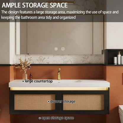 32"-64"Mid-Century Modern Bathroom Vanity with Woven Cane Front & Smart LED Mirror