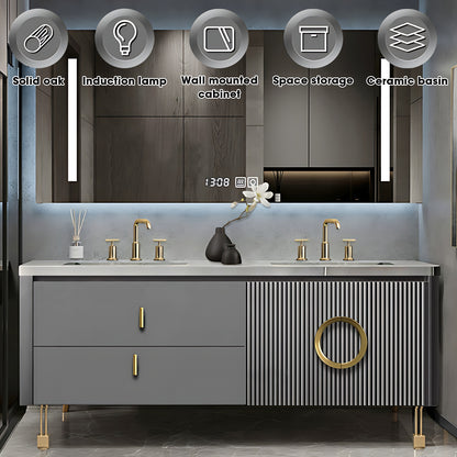 36"- 78" Modern Gray Freestanding Bath Vanity Set with LED Mirror Cabinet and Sink