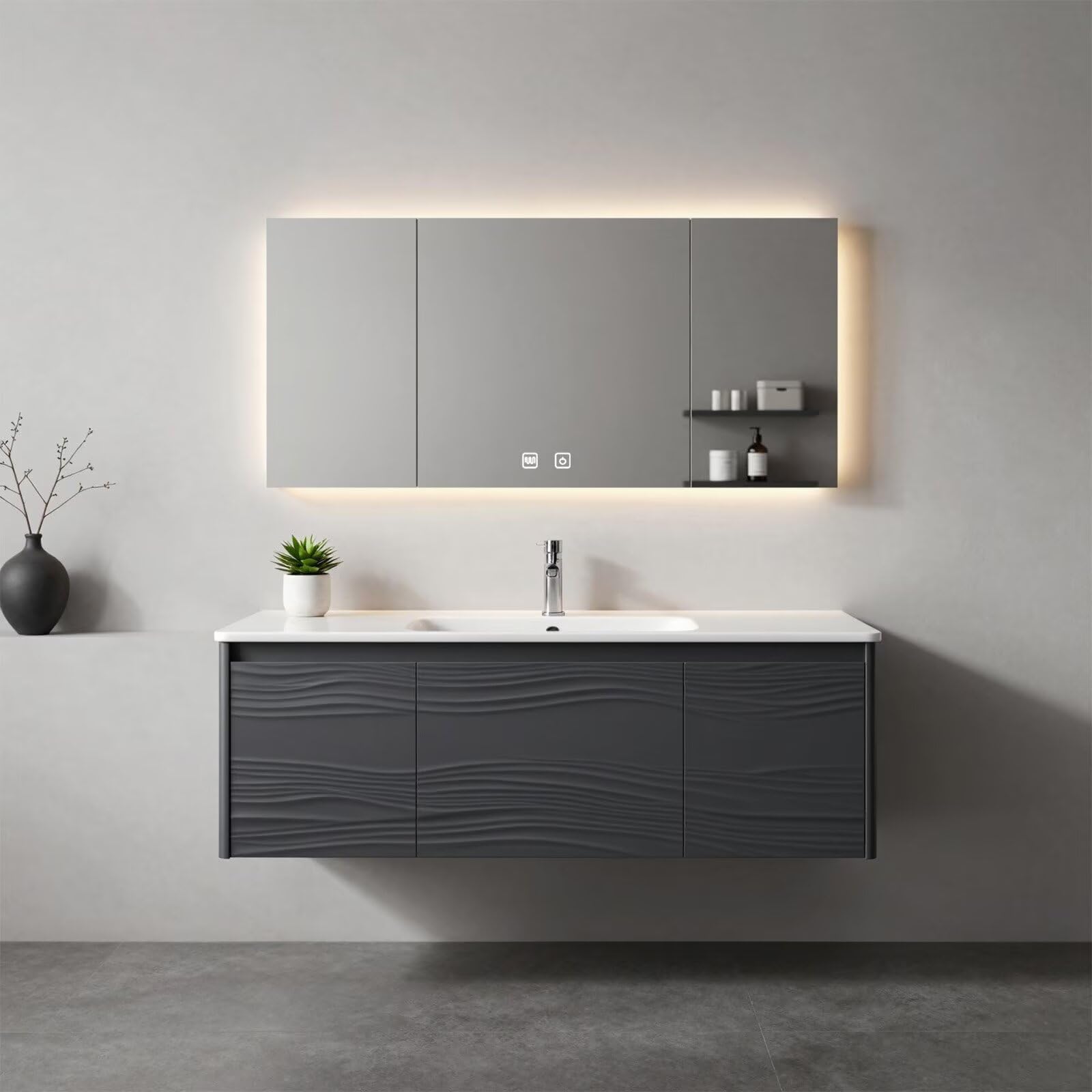 36”-58”Contemporary Gray Wall-Mounted Vanity with Embossed Doors & Large LED Lighted Mirror