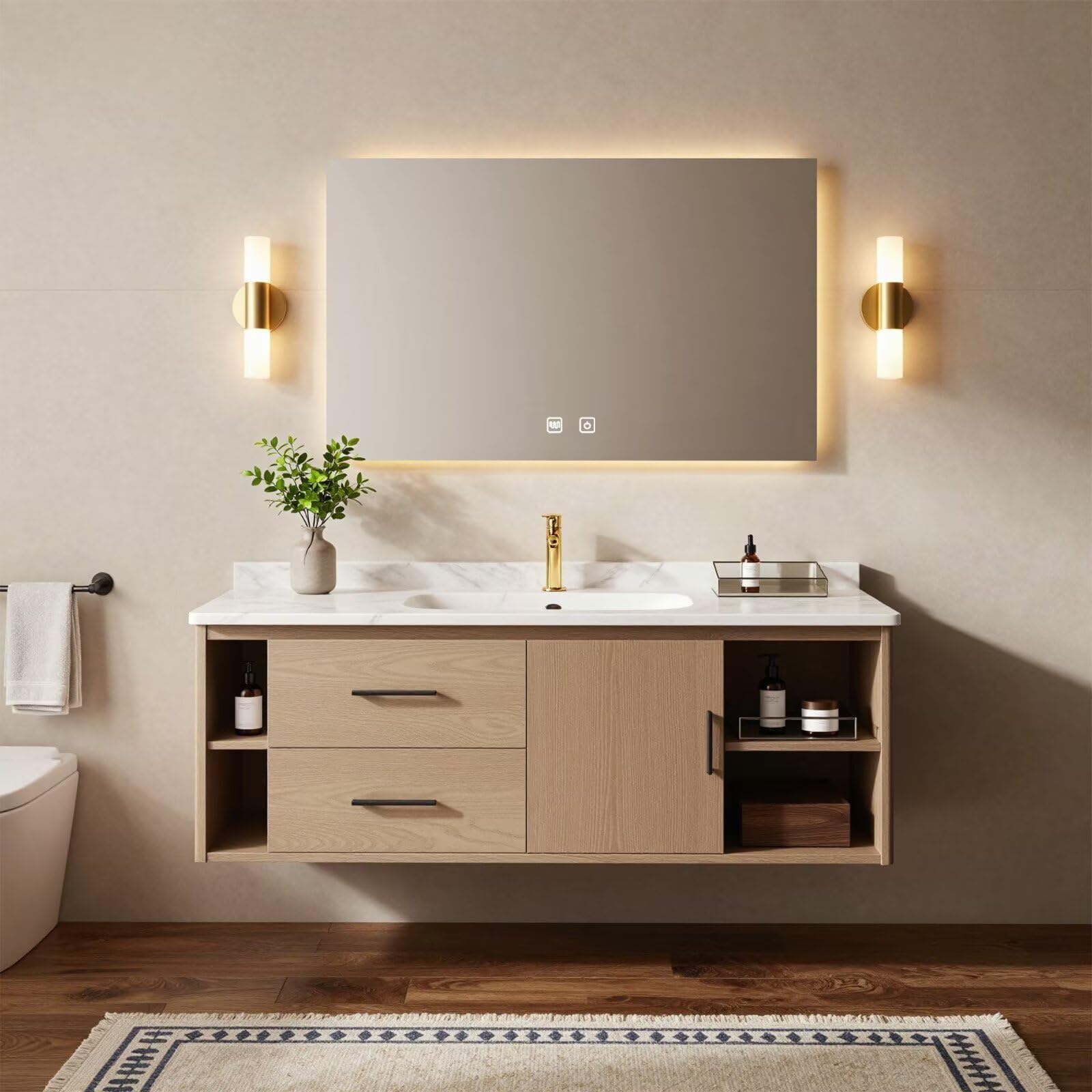 36”-58”Modern Wall Mounted Bathroom Vanity with Soft-Close Drawers & LED Lighted Mirror