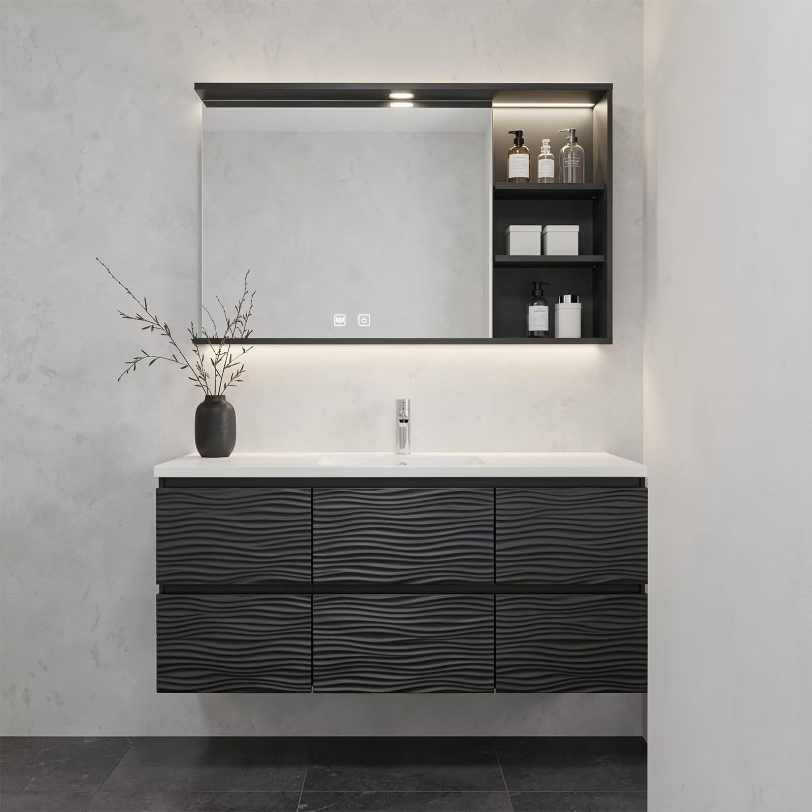 36”-58”Modern Dark Wood Vanity with Wave Pattern Doors, White Stone Top & Backlit LED Mirror