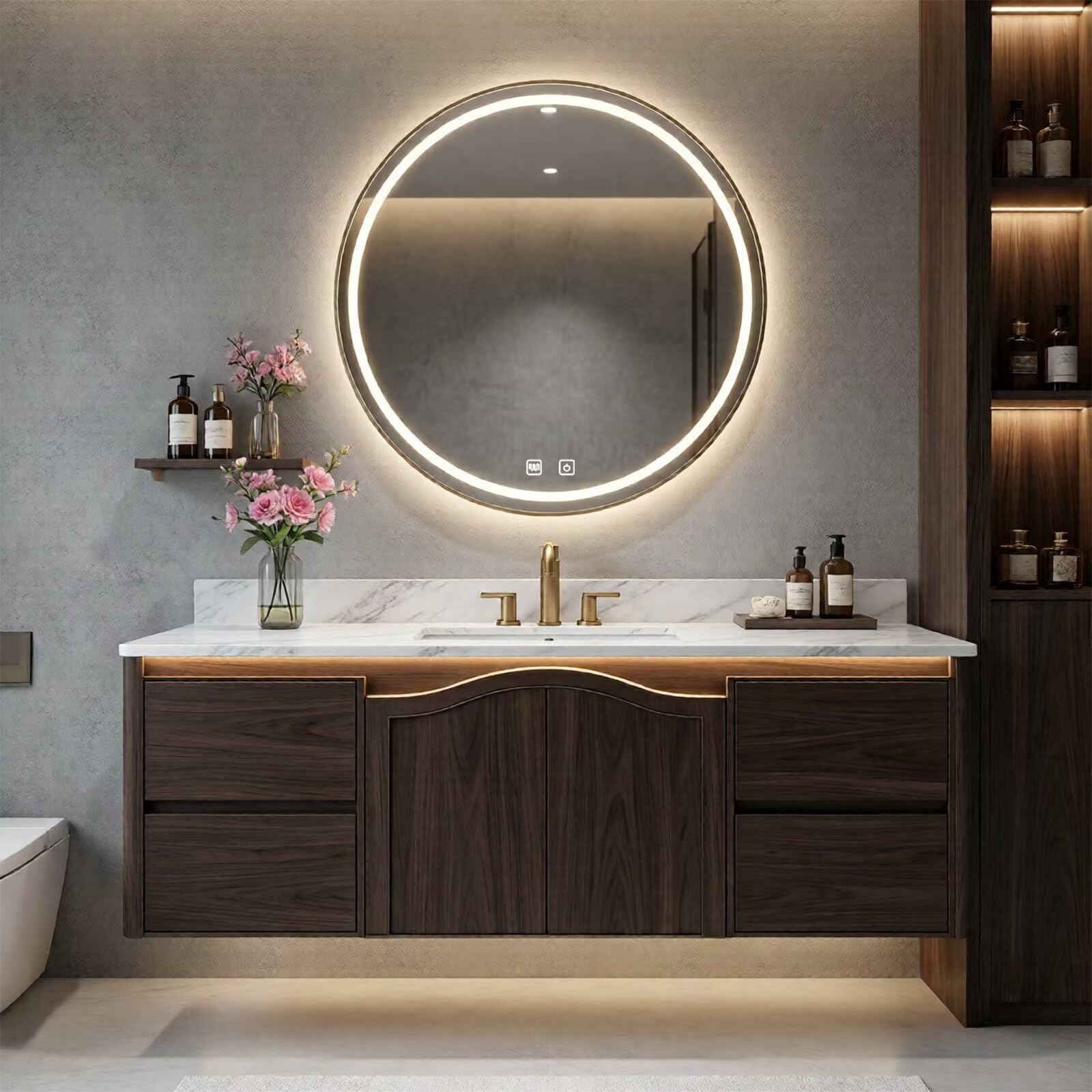 36”-58”Floating Walnut Bathroom Vanity with Marble Top & LED Round Mirror