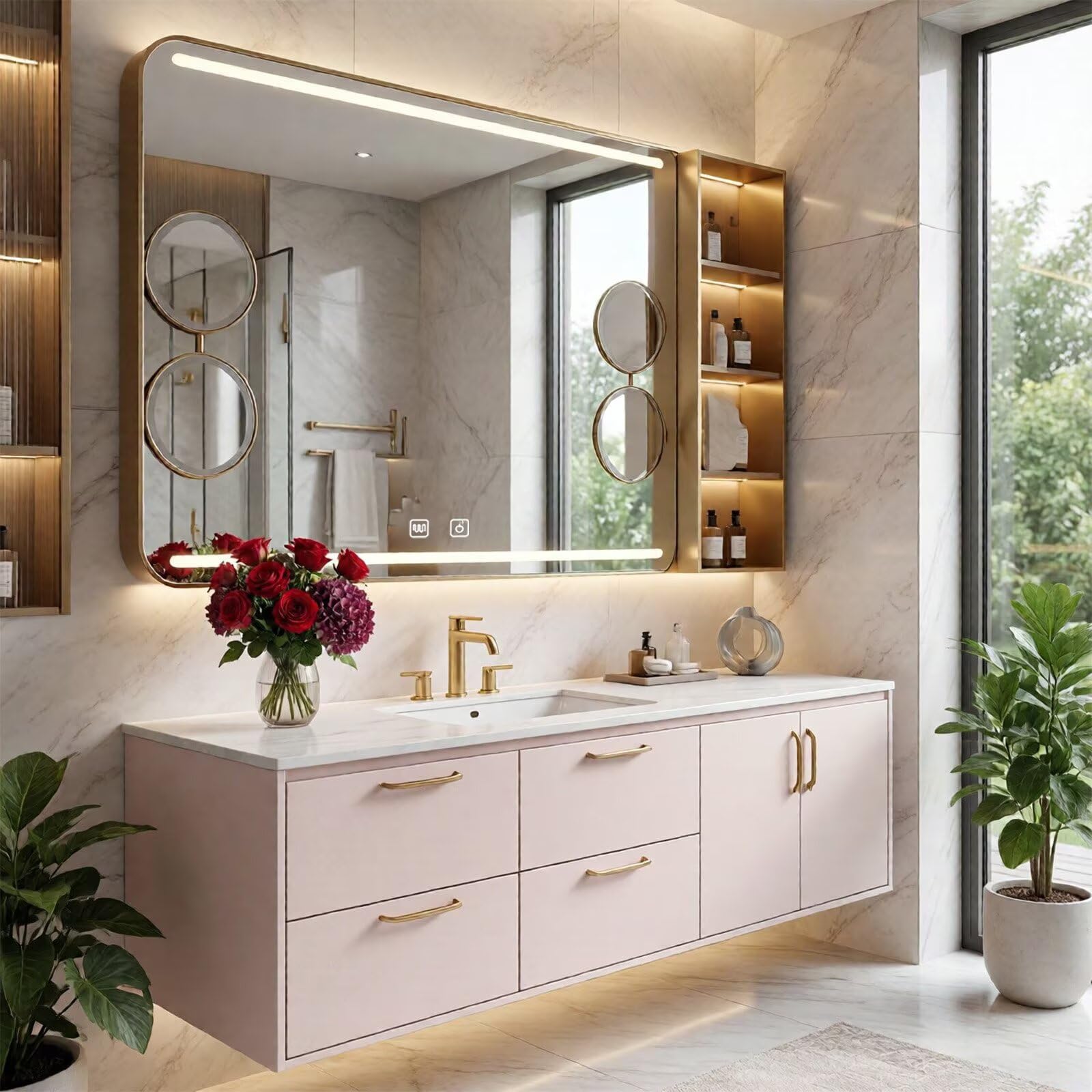 36”-58”Modern Blush Bathroom Vanity with Gold Hardware, Stone Top & Backlit LED Mirror