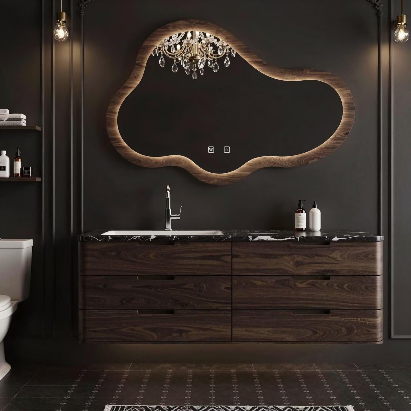 36"-64"Luxury Modern Bathroom Vanity with Black Marble Top & Wavy LED Smart Mirror