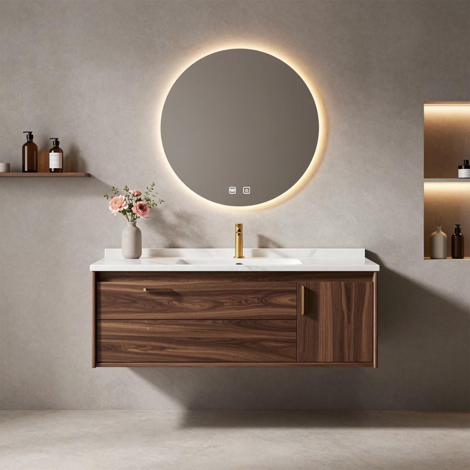 36”-58”Walnut Floating Bathroom Vanity with Marble Top & LED Round Backlit Mirror