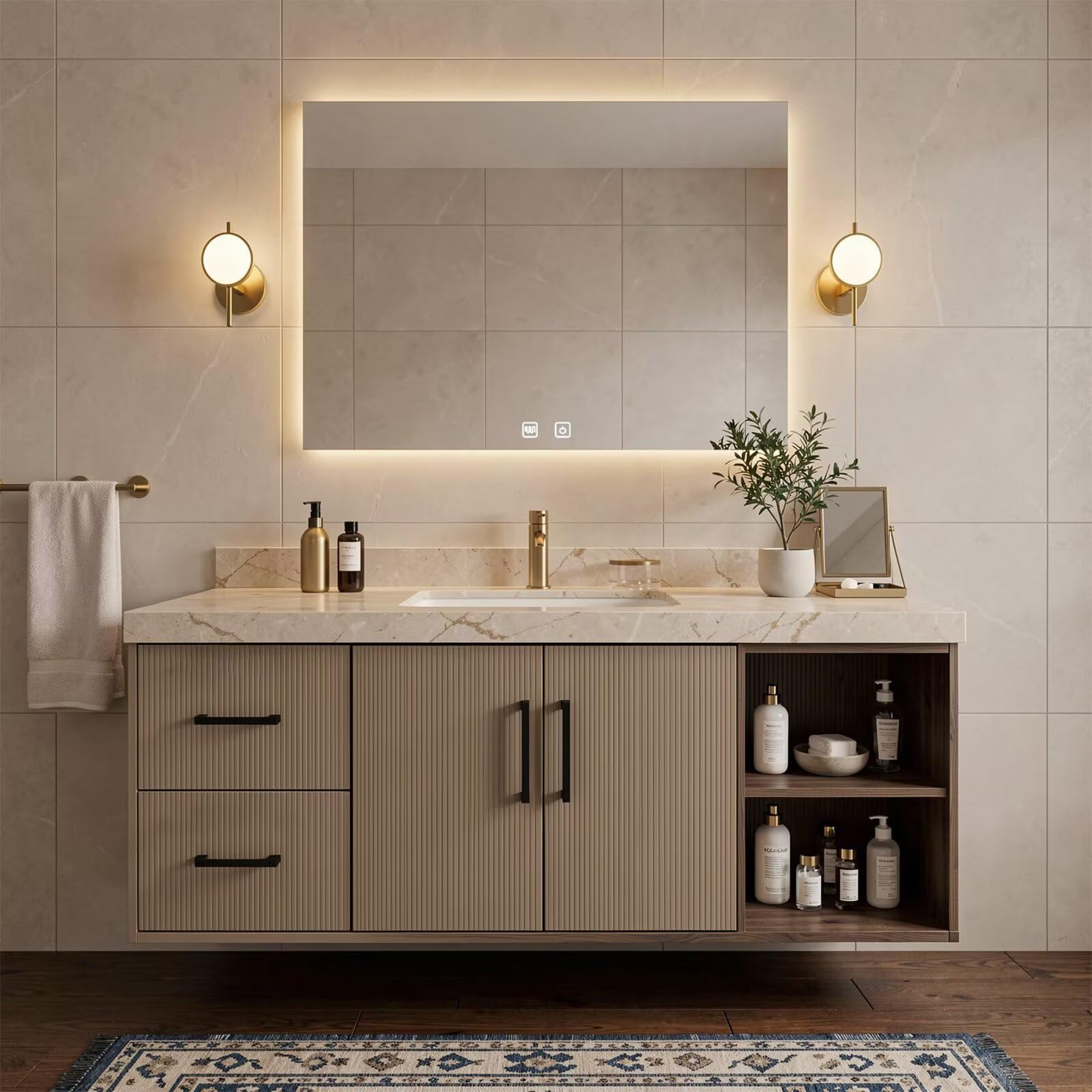 36”-58”Modern Wall Mounted Bathroom Vanity with Stone Top & Soft-Close Storage