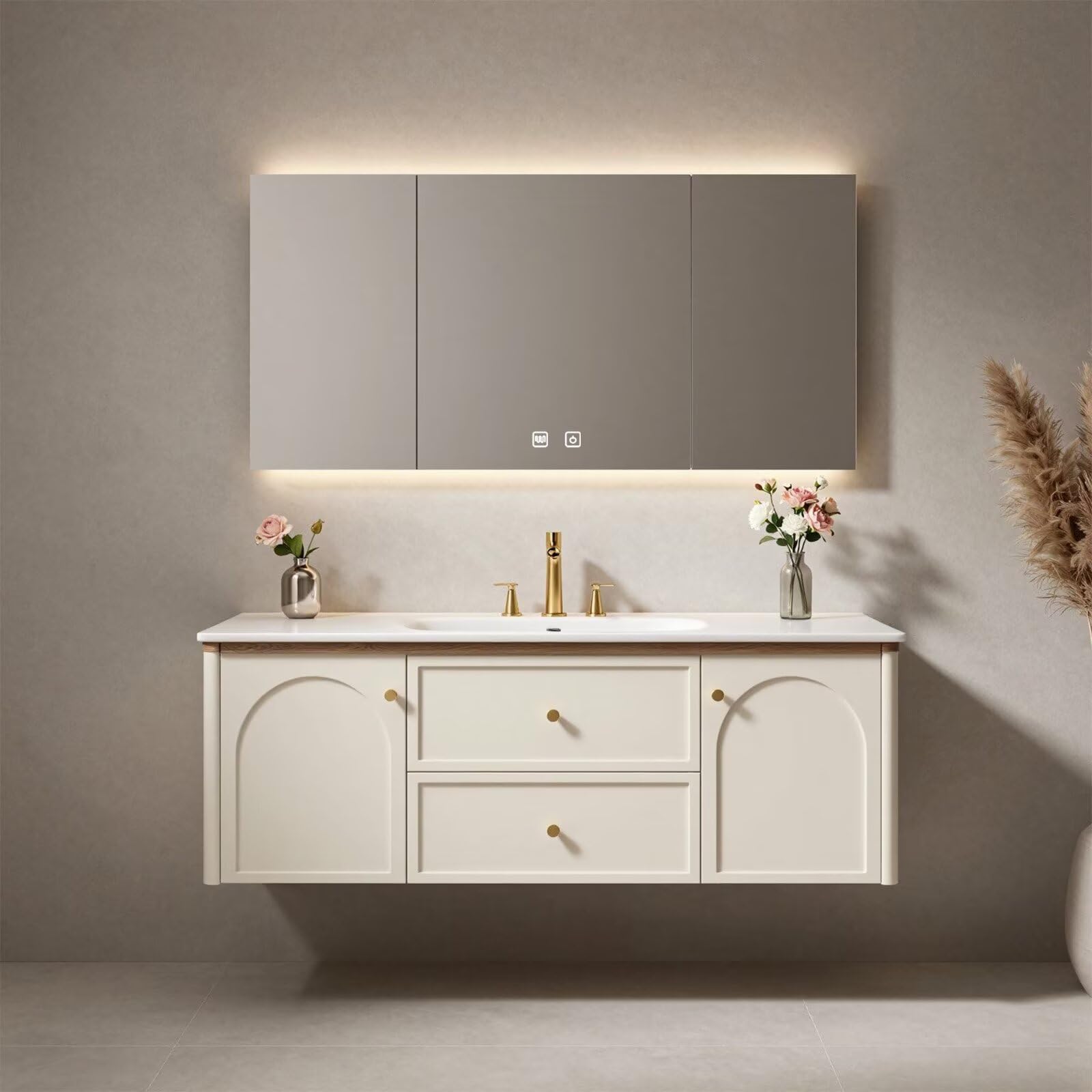 36”-58”Modern Off-White Bathroom Vanity with Wall Mounted Design & LED Lighted Medicine Cabinet
