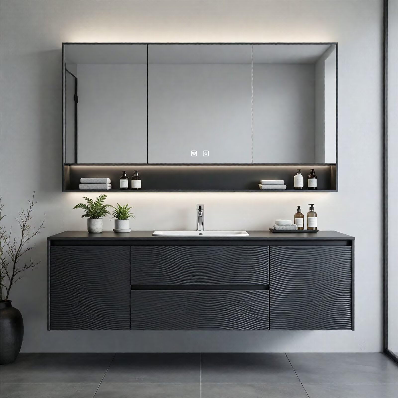 36”-58”Floating Black Bathroom Vanity with Wavy Texture & LED Lighted Mirror Cabinet