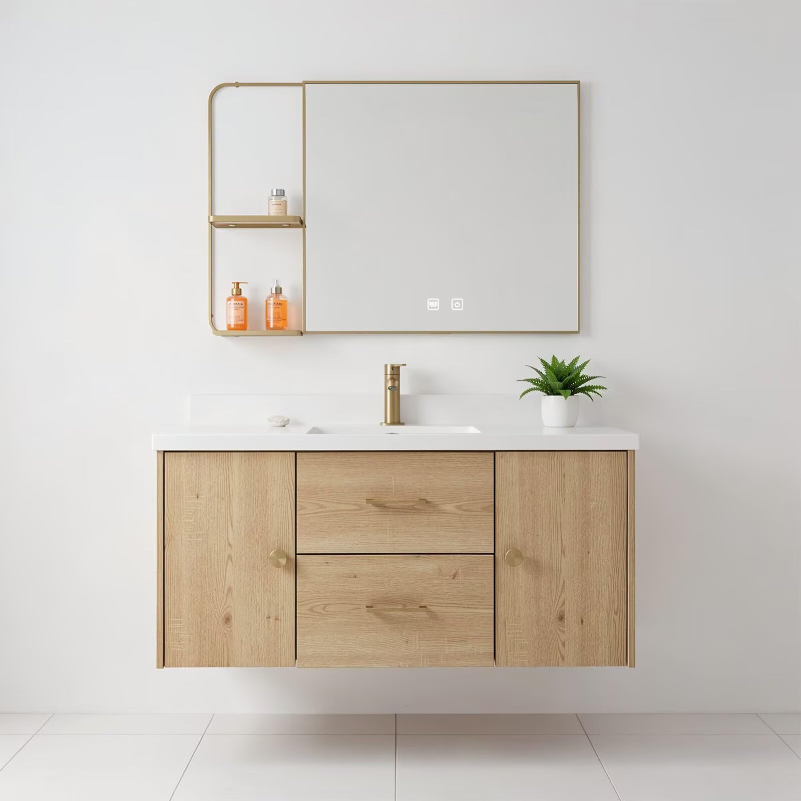 36”-58”Light Wood Floating Bathroom Vanity with White Stone Top & Gold Handles