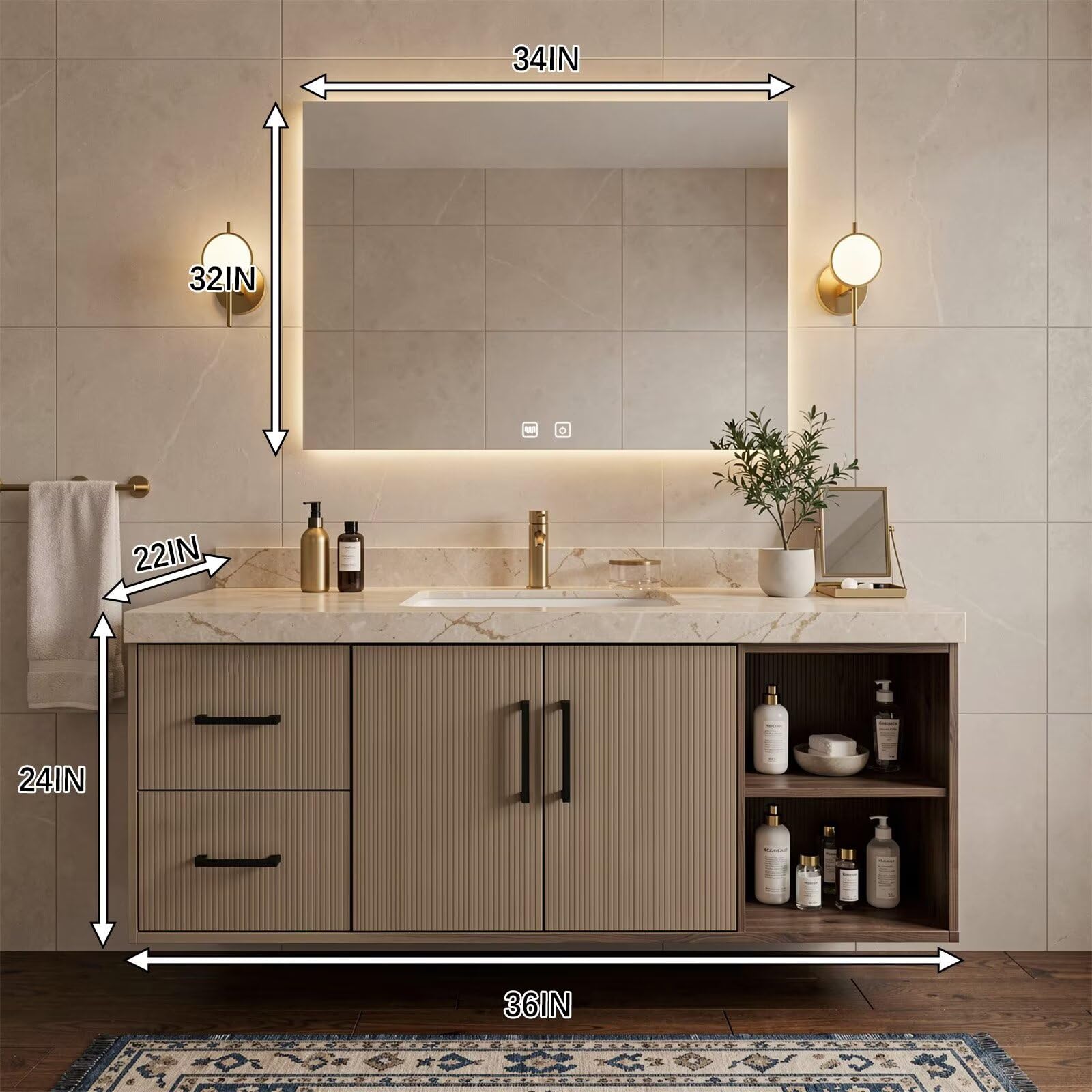 36”-58”Modern Wall Mounted Bathroom Vanity with Stone Top & Soft-Close Storage