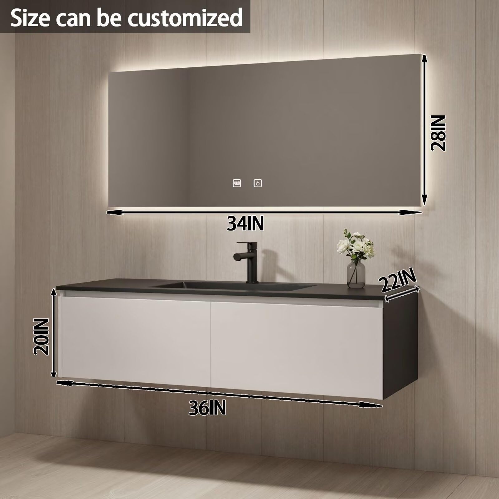 32"-64"Modern Wall-Mounted Bathroom Vanity with Integrated Sink & Large LED Smart Mirror