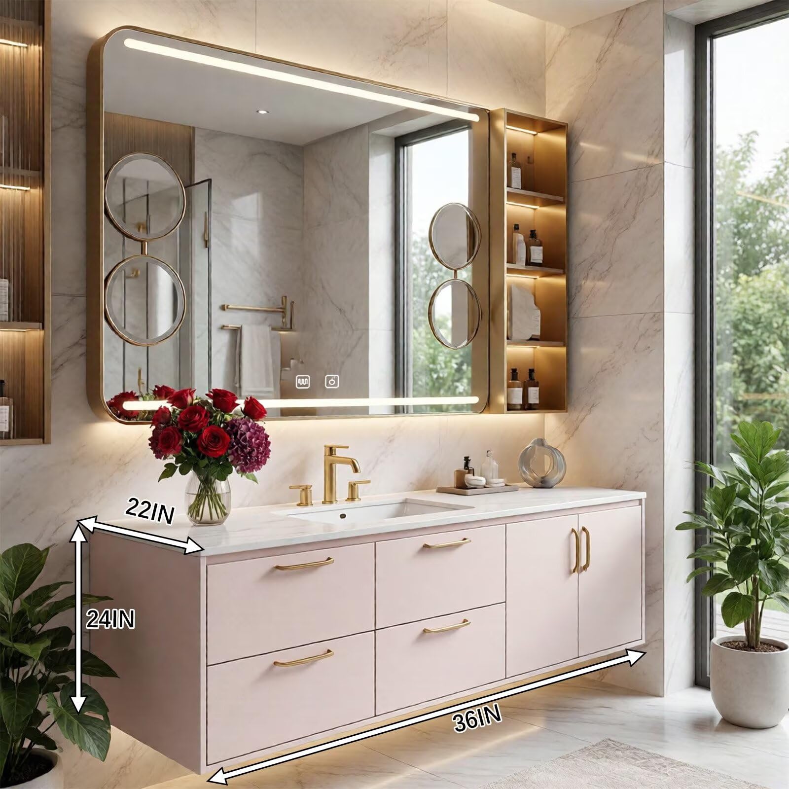 36”-58”Modern Blush Bathroom Vanity with Gold Hardware, Stone Top & Backlit LED Mirror