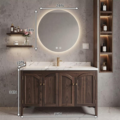36”-58” Modern Dark Wood Vanity with Sink, Arched Doors & LED Smart Round Mirror