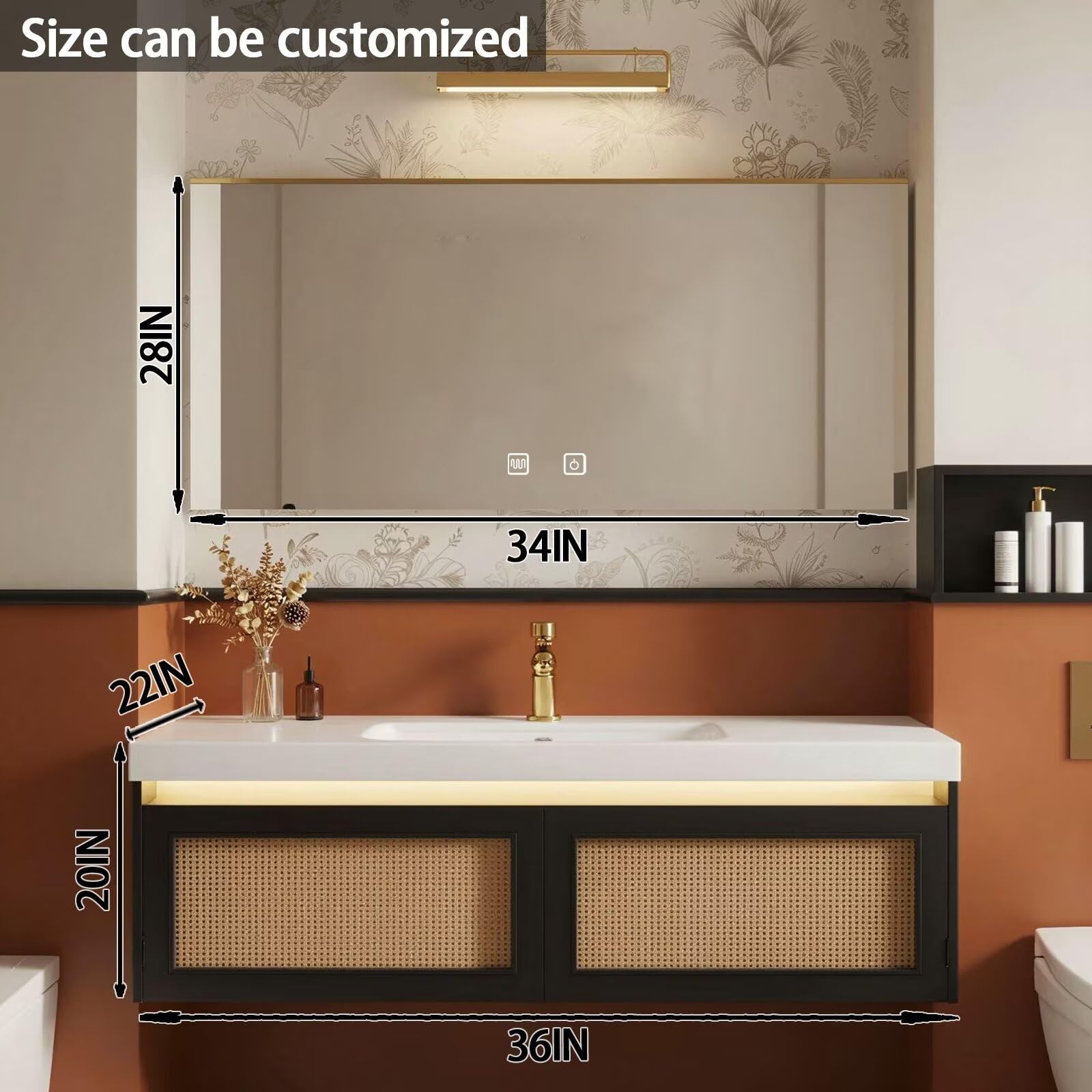 32"-64"Mid-Century Modern Bathroom Vanity with Woven Cane Front & Smart LED Mirror