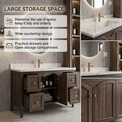 36”-58” Modern Dark Wood Vanity with Sink, Arched Doors & LED Smart Round Mirror