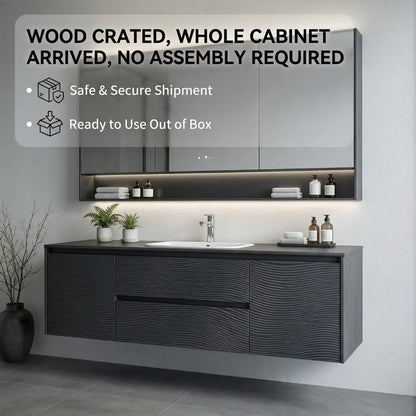 36”-58”Floating Black Bathroom Vanity with Wavy Texture & LED Lighted Mirror Cabinet
