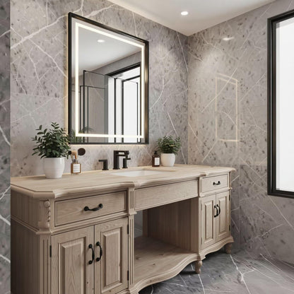 36"-56"Light Oak Traditional Bathroom Vanity with Single Sink & LED Lighted Mirror