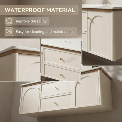 36”-58”Modern Off-White Bathroom Vanity with Wall Mounted Design & LED Lighted Medicine Cabinet