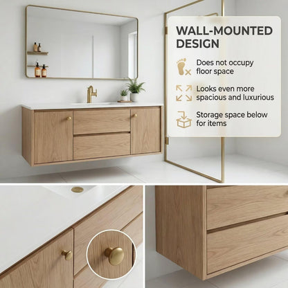 36”-58”Light Wood Floating Bathroom Vanity with White Stone Top & Gold Handles