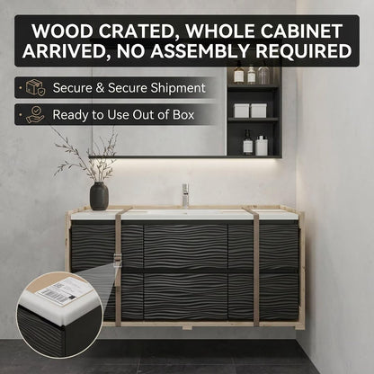 36”-58”Modern Dark Wood Vanity with Wave Pattern Doors, White Stone Top & Backlit LED Mirror
