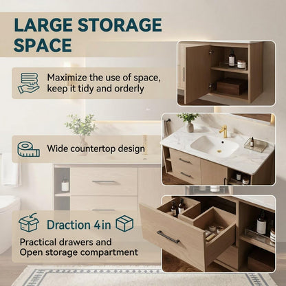 36”-58”Modern Wall Mounted Bathroom Vanity with Soft-Close Drawers & LED Lighted Mirror