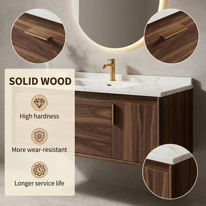 36”-58”Walnut Floating Bathroom Vanity with Marble Top & LED Round Backlit Mirror