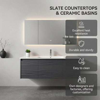 36”-58”Contemporary Gray Wall-Mounted Vanity with Embossed Doors & Large LED Lighted Mirror