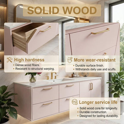 36”-58”Modern Blush Bathroom Vanity with Gold Hardware, Stone Top & Backlit LED Mirror