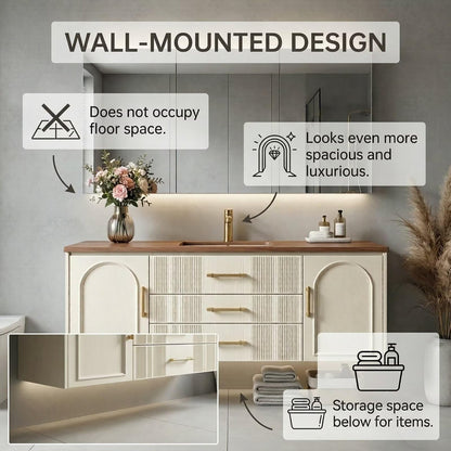 36”-58”Modern Wall Mounted Bathroom Vanity with Wood Top & Brass Hardware