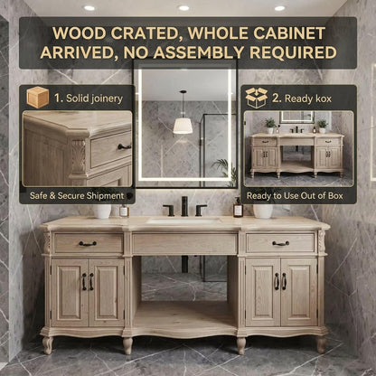 36"-56"Light Oak Traditional Bathroom Vanity with Single Sink & LED Lighted Mirror