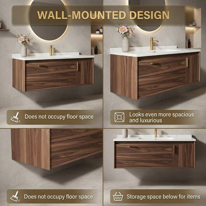 36”-58”Walnut Floating Bathroom Vanity with Marble Top & LED Round Backlit Mirror