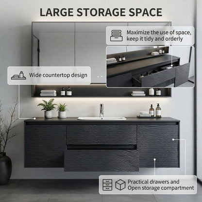 36”-58”Floating Black Bathroom Vanity with Wavy Texture & LED Lighted Mirror Cabinet